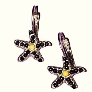 Silver Starfish With Navy Blue & Yellow Beads Dangle Pierced Earrings